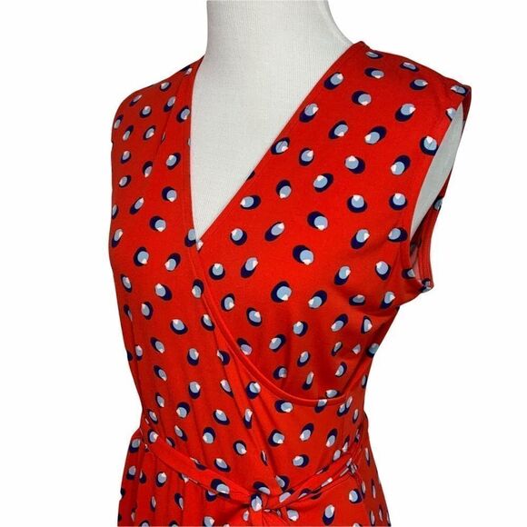 Leota Red Faux Wrap Jersey Dress w/ Blue Polka Dots Size Medium (J6) - Picture 7 of 9